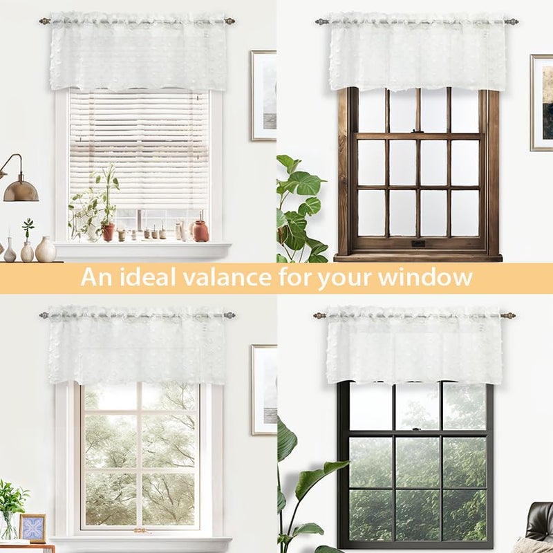 DriftAway Kitchen Curtain Valance for Windows 18 Inch White Sheer Voile Chiffon Curtains for Bedroom Living Room Embroidered Pom Pom Light Filtering Rod Pocket Extra Wide Window Toppers 1 Panel - Image 3